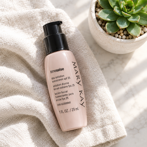 Mary Kay TimeWise Day Solution Sunscreen SPF 25 bottle styled on a linen towel with a succulent for a morning skincare routine. At least one real product photo taken by Chad is included in the gallery. Remaining images are AI-generated lifestyle photos for visual context only. Minor label or packaging variation may occur between matching stocked units.