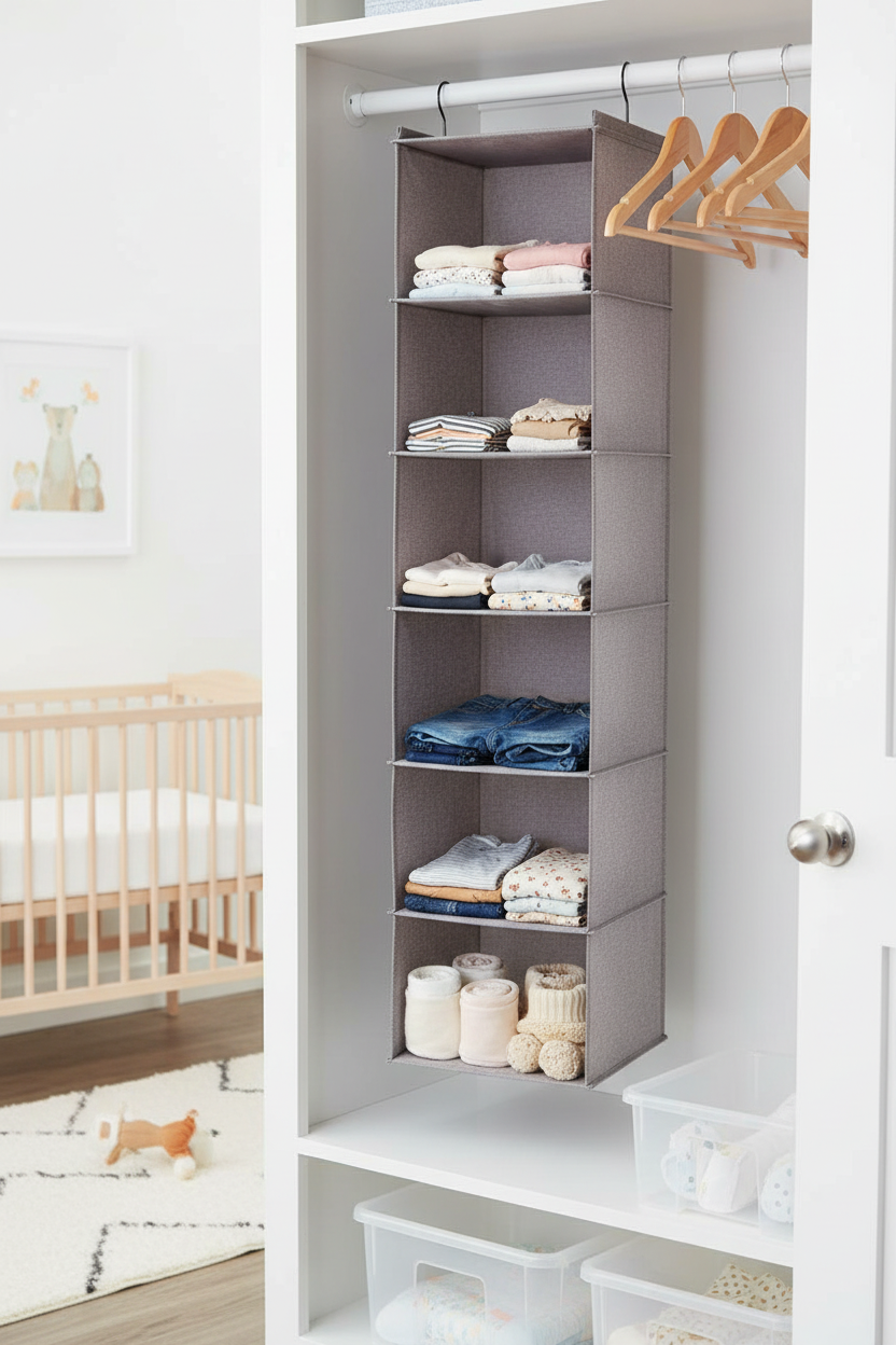 Whitmor 6-section hanging shelves light grey in minimalist white nursery closet with baby clothing neatly folded in compartments
