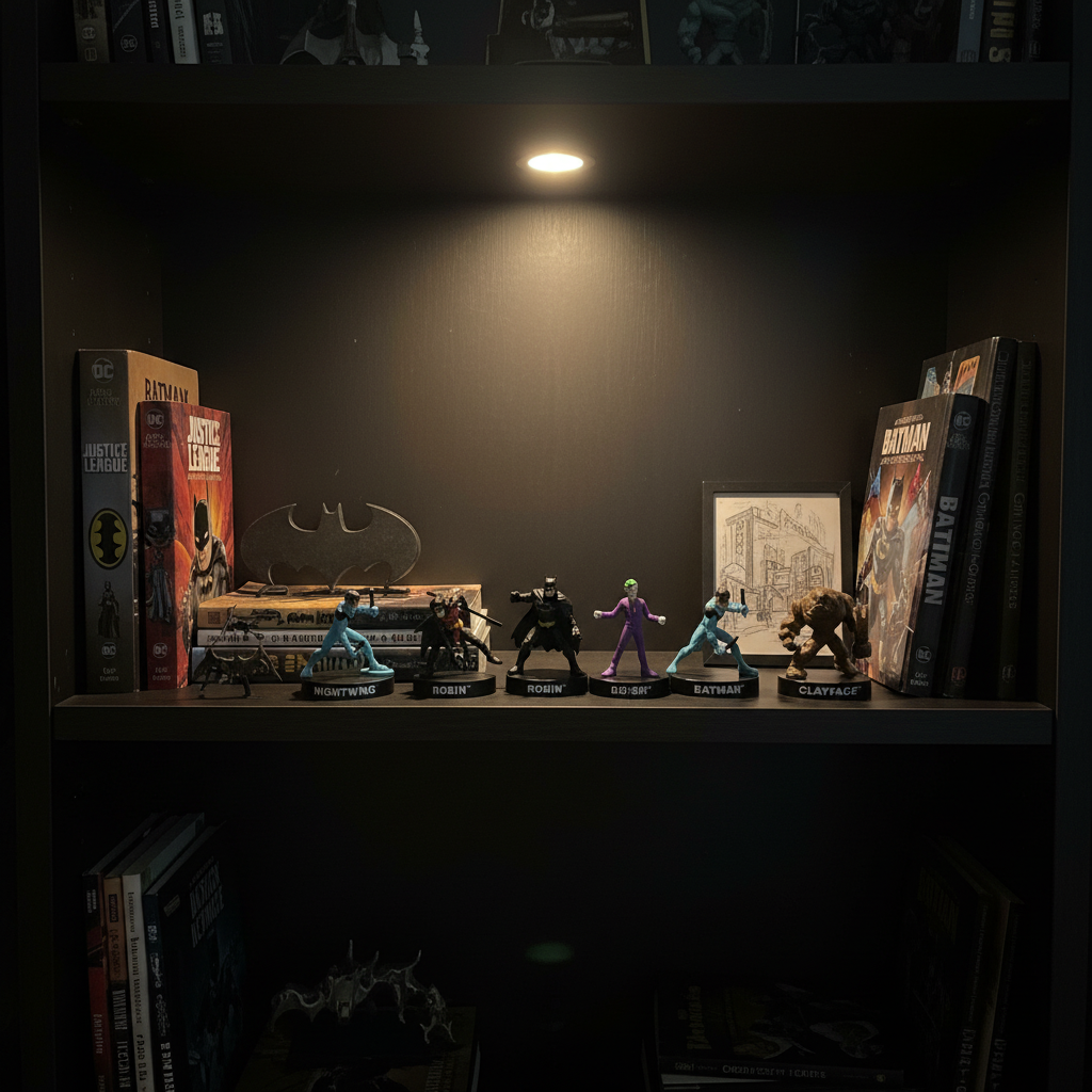 DC Comics Batman mini figures 5-pack displayed on dark bookshelf alongside DC Comics graphic novels and Batman memorabilia collector display