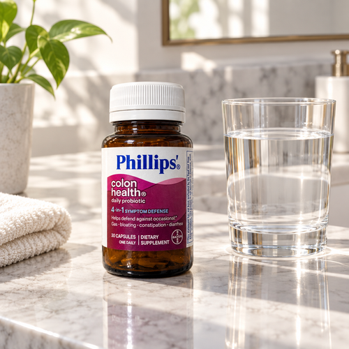 Phillips' Colon Health Daily Probiotic bottle on a bathroom countertop with a glass of water