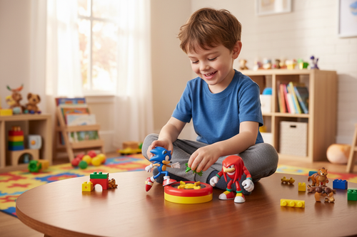 Young boy playing with Classic Sonic and Knuckles action figures on wooden playroom table