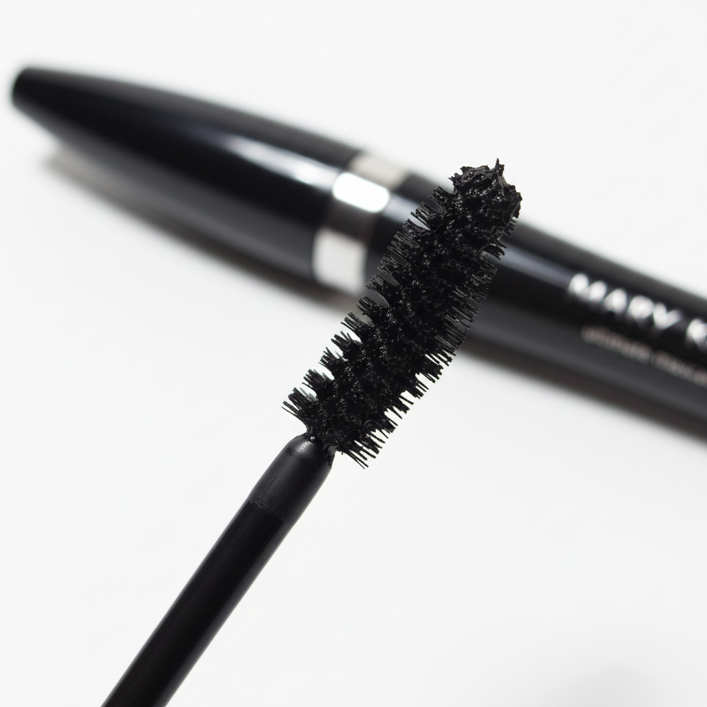 Close-up macro of Mary Kay Ultimate Mascara wand pulled from its black tube — showing the smart wiper brush loaded with rich black volumizing mascara formula on a clean white background