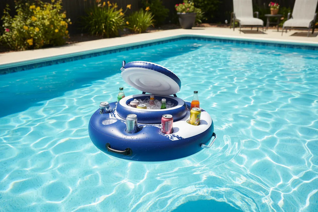 Intex Mega Chill Floating Cooler floating in backyard pool lid open ice cold beverages cans in cup holders
