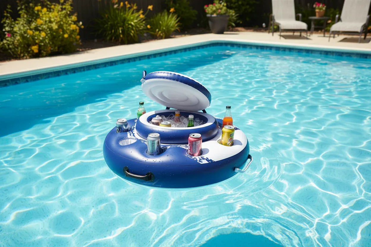Intex Mega Chill Floating Cooler floating in backyard pool lid open ice cold beverages cans in cup holders