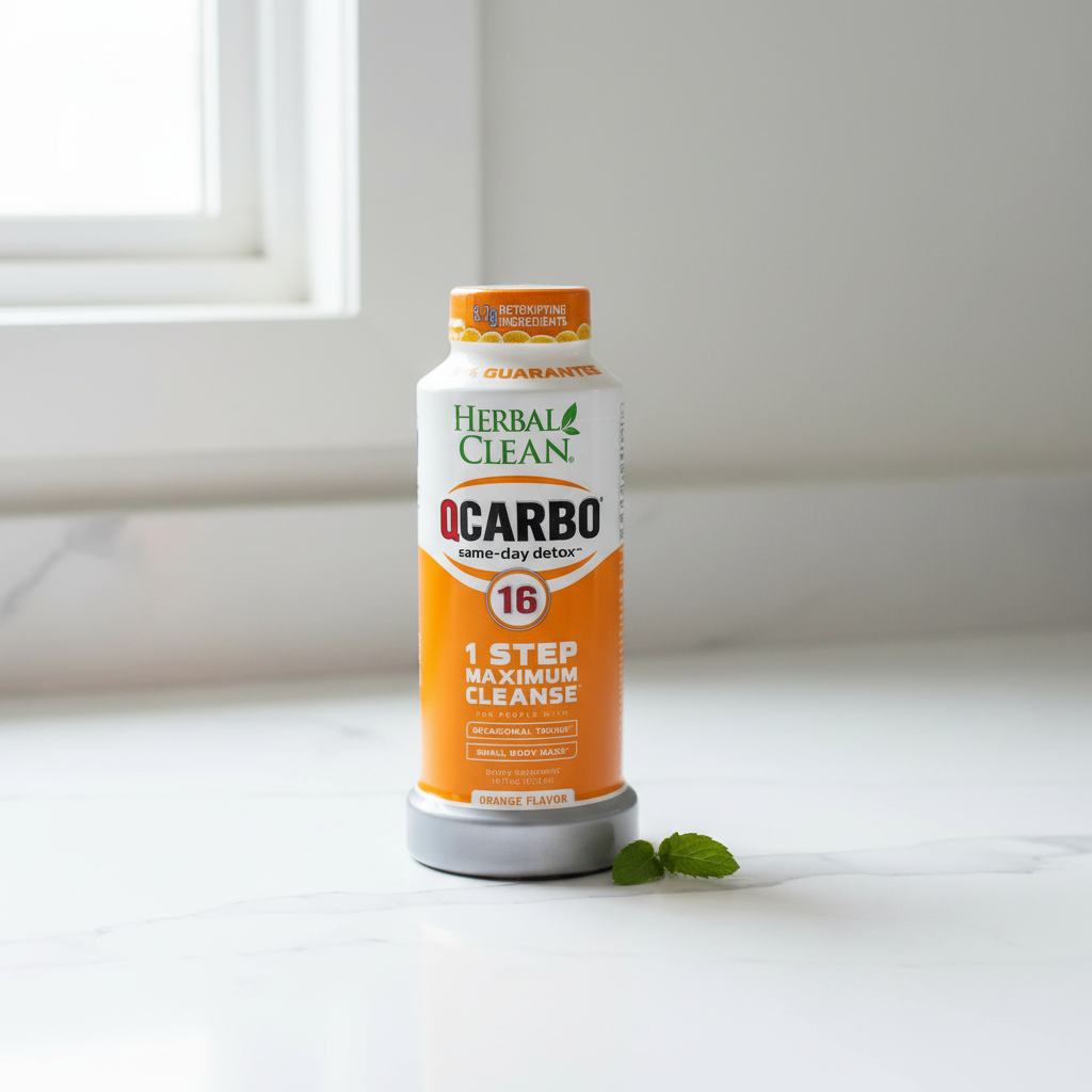 Herbal Clean QCarbo 16 orange bottle in soft natural window light on white quartz countertop – More4less Outlet