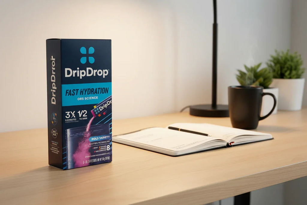 DripDrop Bold Variety Electrolyte Pack 8ct on office desk with planner and coffee mug — daily productivity rehydration routine