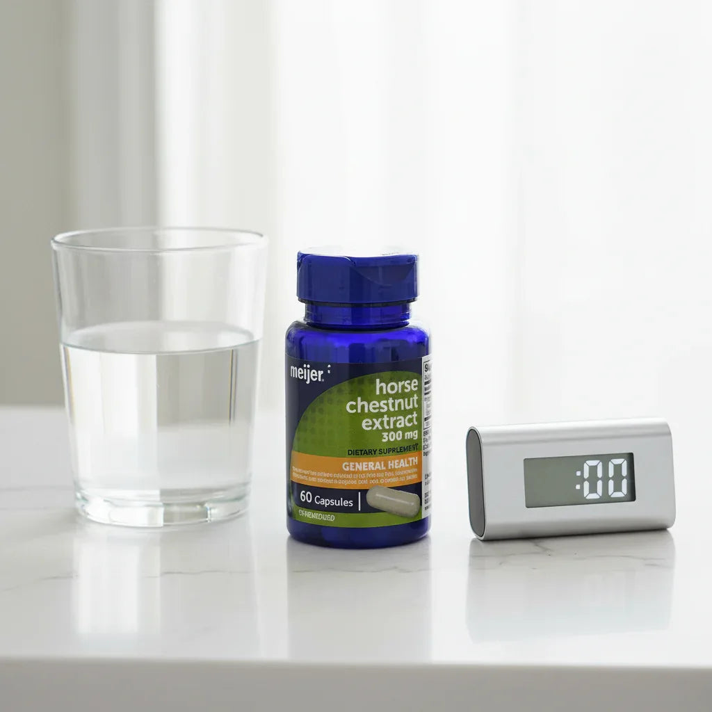 Meijer Horse Chestnut Extract 300mg bottle on white quartz breakfast bar with glass of water and metallic morning timer