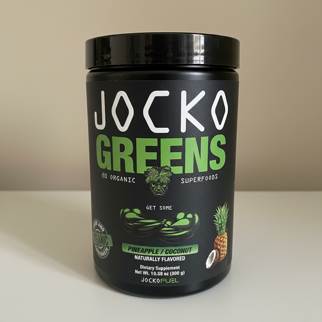 Jocko Fuel Jocko Greens Pineapple Coconut 300 g canister in a softly lit neutral home setting