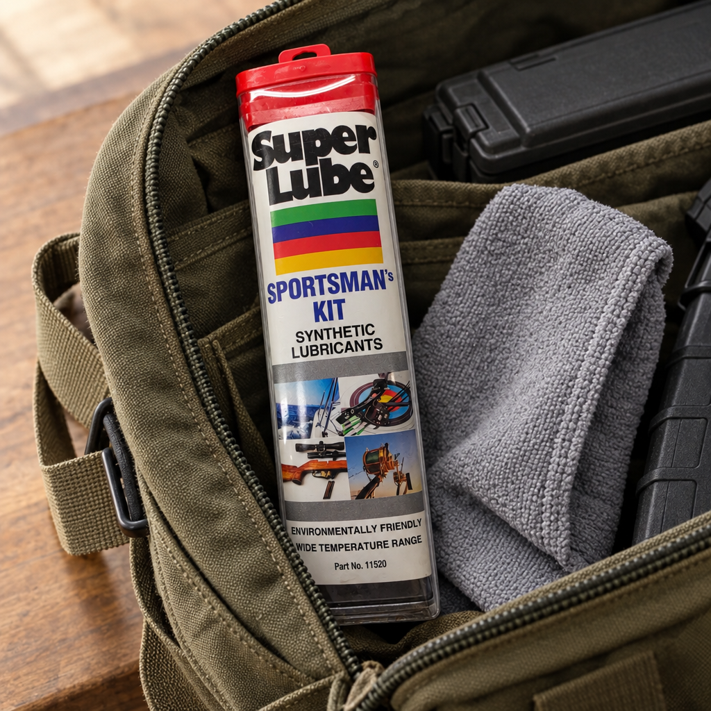 Super Lube Sportsman's Kit travel tube packed in a range bag with a cleaning cloth. At least one real product photo taken by Chad is included in the gallery. Remaining images are AI-generated lifestyle photos for visual context only. Minor label or packaging variation may occur between matching stocked units.