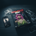 Who Killed Mia? murder mystery game displayed on dark moody table with evidence cards and smartphone