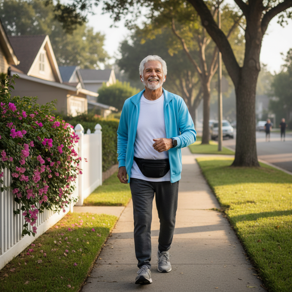 Older adult man smiling on a morning walk in a sunny neighborhood supporting active healthy aging