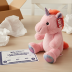 Russ Jazwares Pink Unicorn Plush next to More4less Outlet Stuffed Friend Adoption Certificate gift flat lay - More4less Outlet