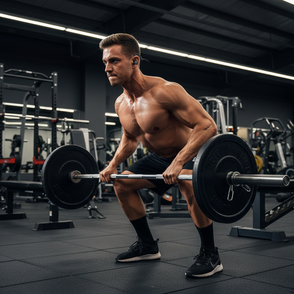 Person lifting weights at gym wearing black wireless sport earbuds
