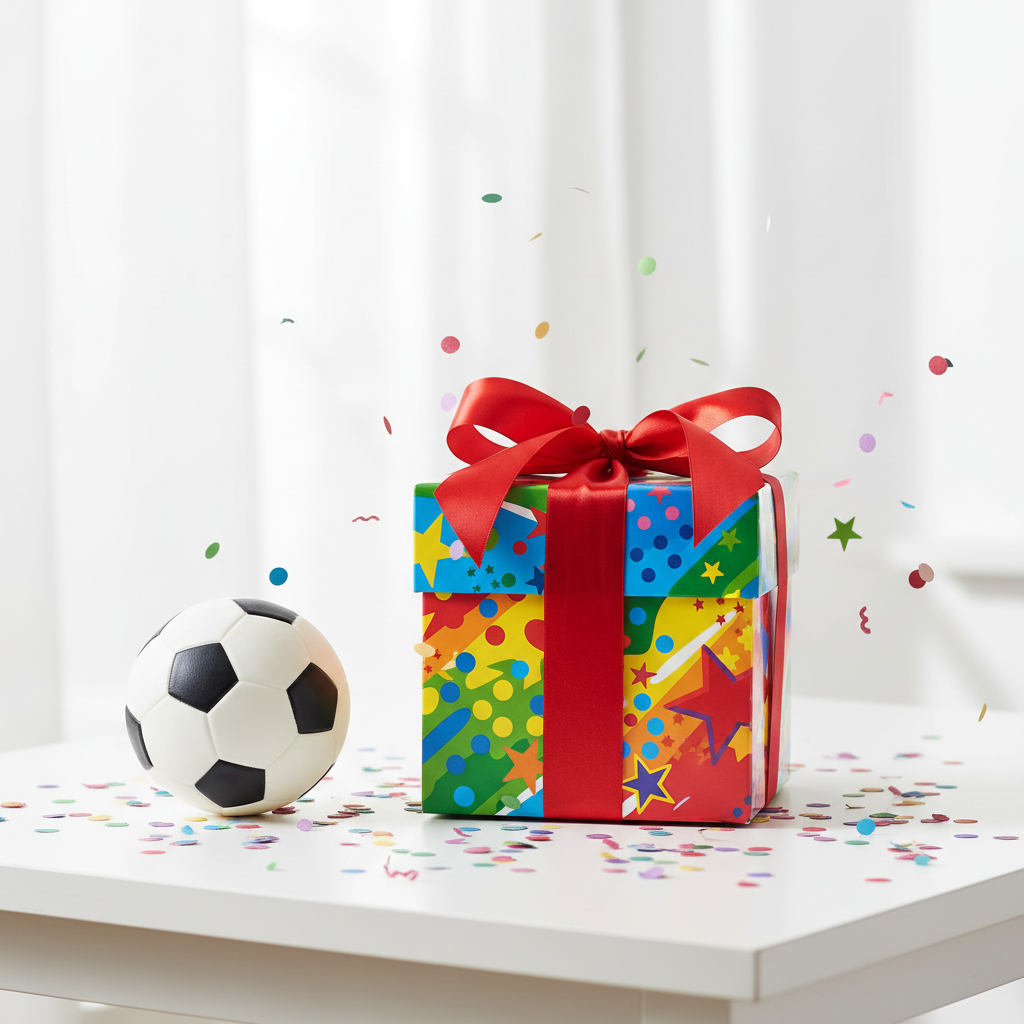 Lifestyle image — colorful kids fragrance gift box with red ribbon beside soccer ball and confetti on white table, birthday gift presentation for visual context only