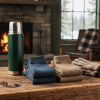 Two pairs of navy brown heathered wool blend crew socks displayed on hunting camp wooden table with thermos and gloves