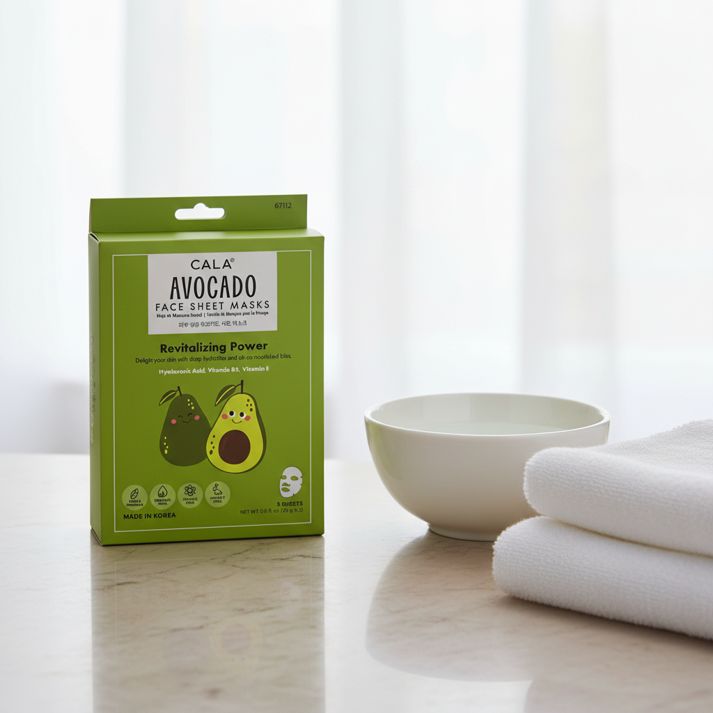 CALA Avocado Face Sheet Masks five-count package beside a plain bowl and folded towel on a marble vanity