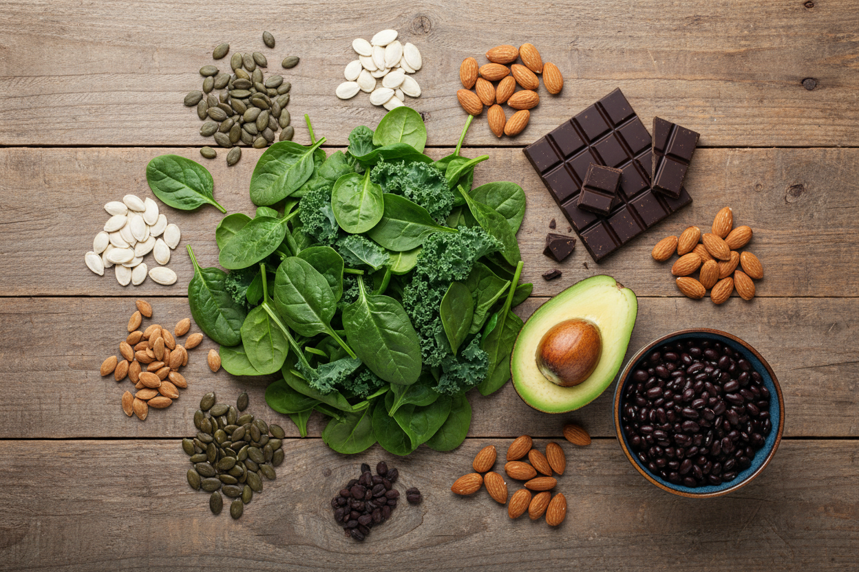 Magnesium-rich whole foods including leafy greens pumpkin seeds almonds avocado and dark chocolate
