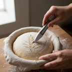 Baker scoring intricate wheat pattern into raw sourdough loaf with grey dual-ended bread lame in artisan bakery setting