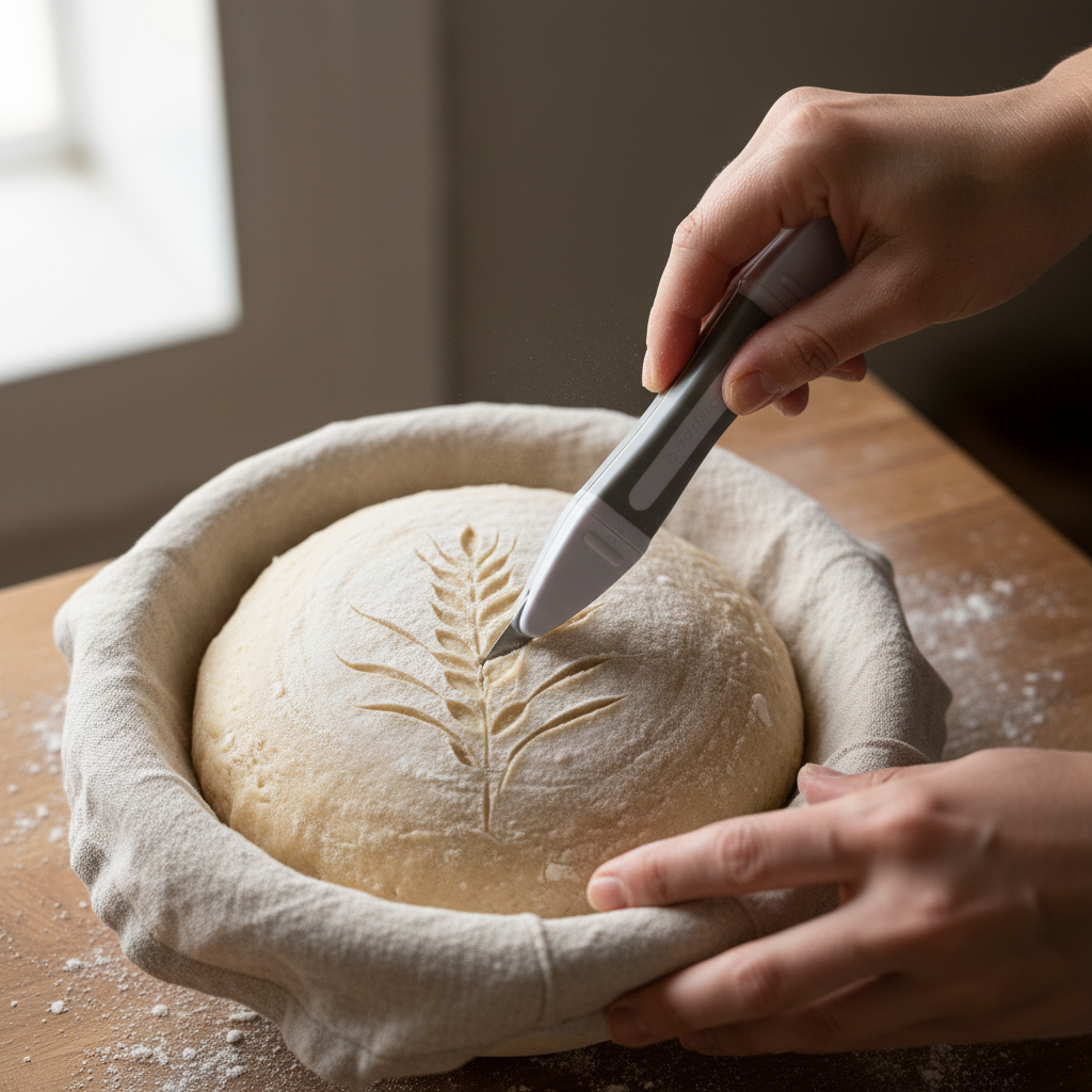 Baker scoring intricate wheat pattern into raw sourdough loaf with grey dual-ended bread lame in artisan bakery setting