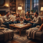 Group of four adults sitting around a living room coffee table playing a party board game, laughing and pointing at each other