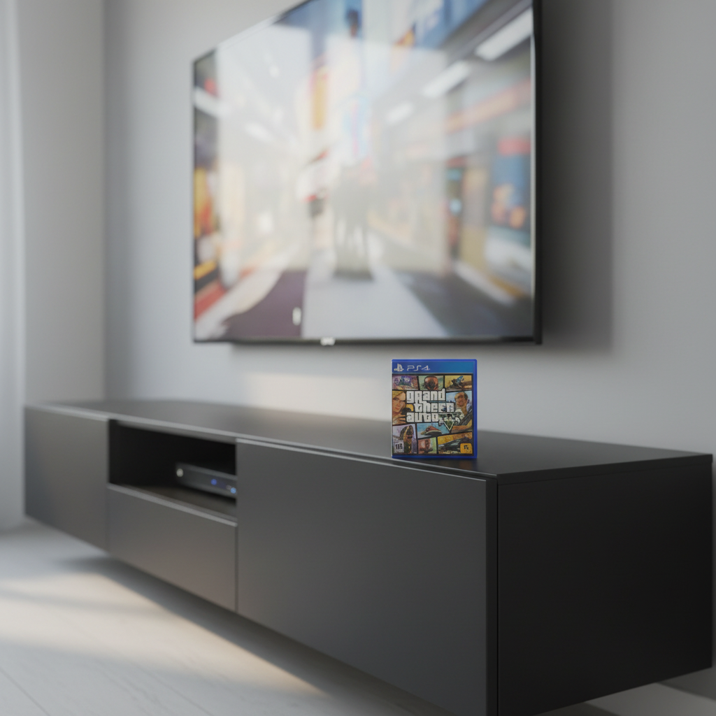 GTA V PS4 game case on black media console under flat-screen TV
