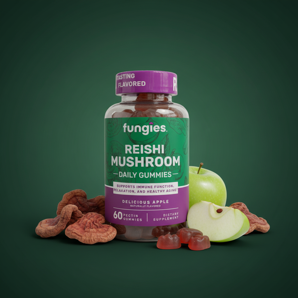Fungies Reishi Mushroom Gummies forest green editorial with dried reishi mushrooms and fresh apple slices – More4less Outlet