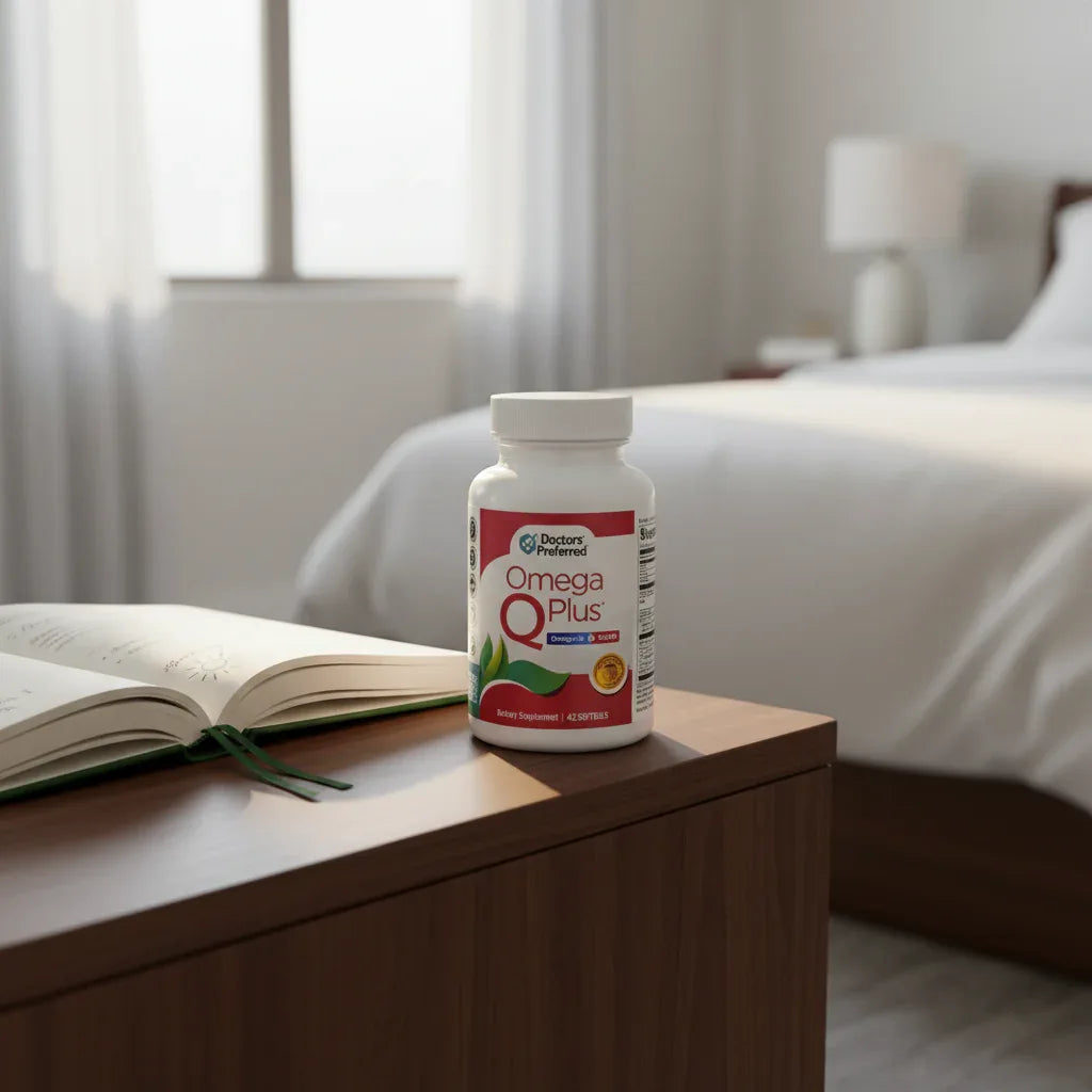 Doctors' Preferred Omega Q Plus bottle on dark wood bedside table in bright bedroom with open premium wellness journal