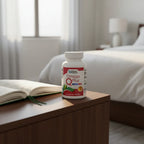 Doctors' Preferred Omega Q Plus bottle on dark wood bedside table in bright bedroom with open premium wellness journal