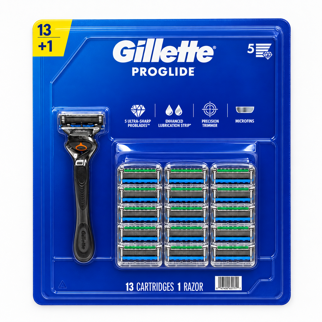 Gillette ProGlide razor value pack viewed from directly above on a white background