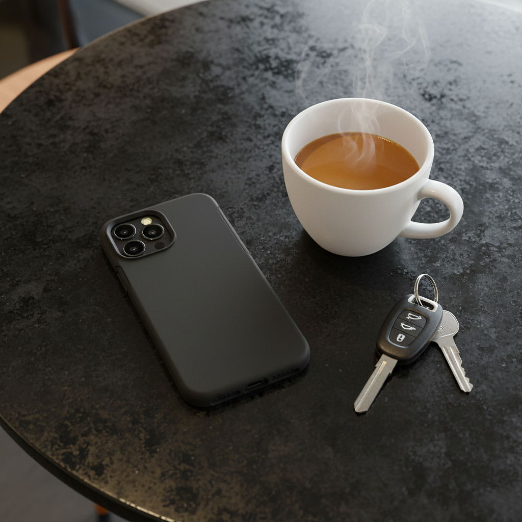 OtterBox Symmetry case on iPhone 13 Mini resting on granite cafe table with coffee and car keys showing slim profile