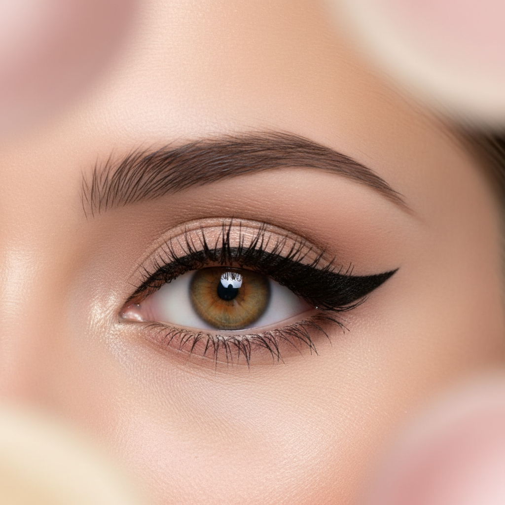 Close-up of a perfectly applied sharp black liquid eyeliner wing on the lash line