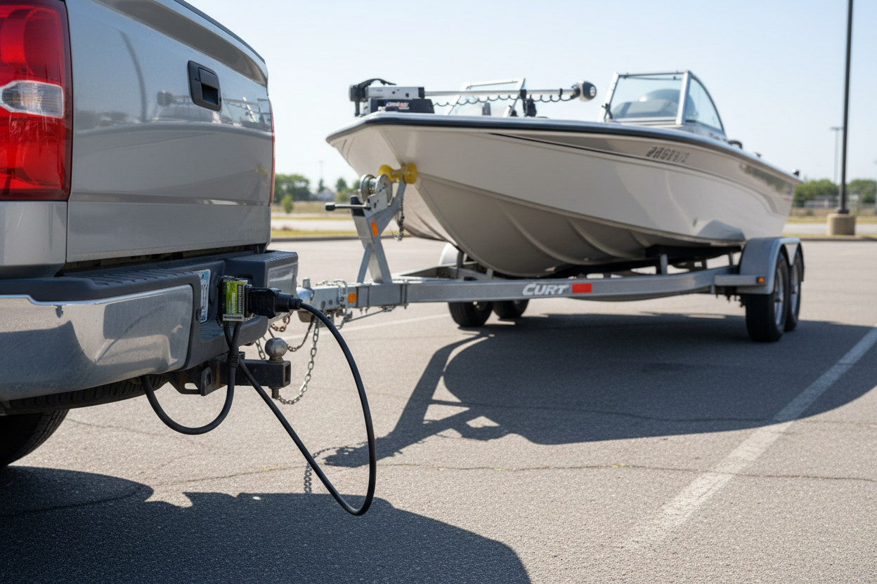 Hopkins Endurance and CURT 7-way towing connection kit installed on truck hitch with boat trailer in parking lot - More4less Outlet