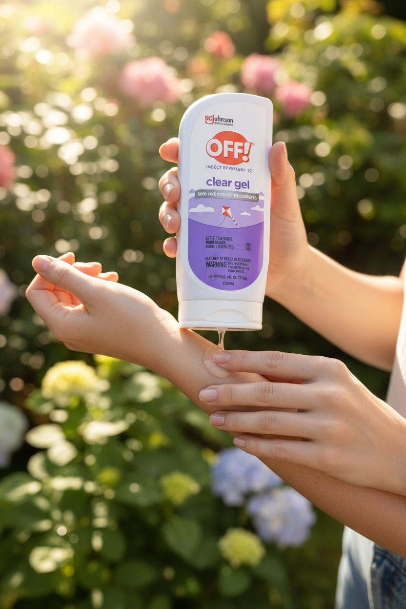 OFF! Clear Gel insect repellent being applied to person's arm outdoors in garden setting