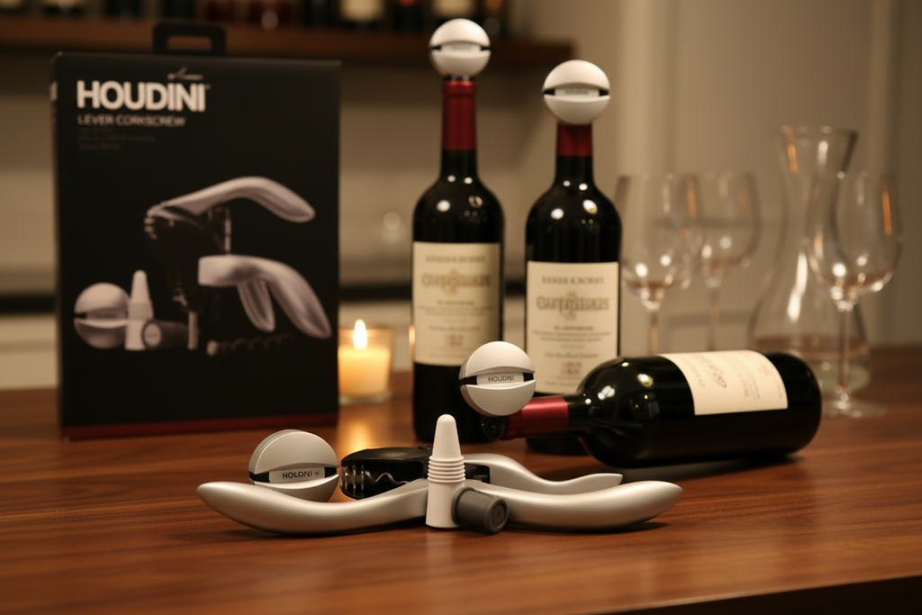 Houdini Lever Corkscrew full 5-piece kit flatlay on rustic wood table with open wine bottles, silver ball stoppers in use, foil cutter and retail box - More4less Outlet