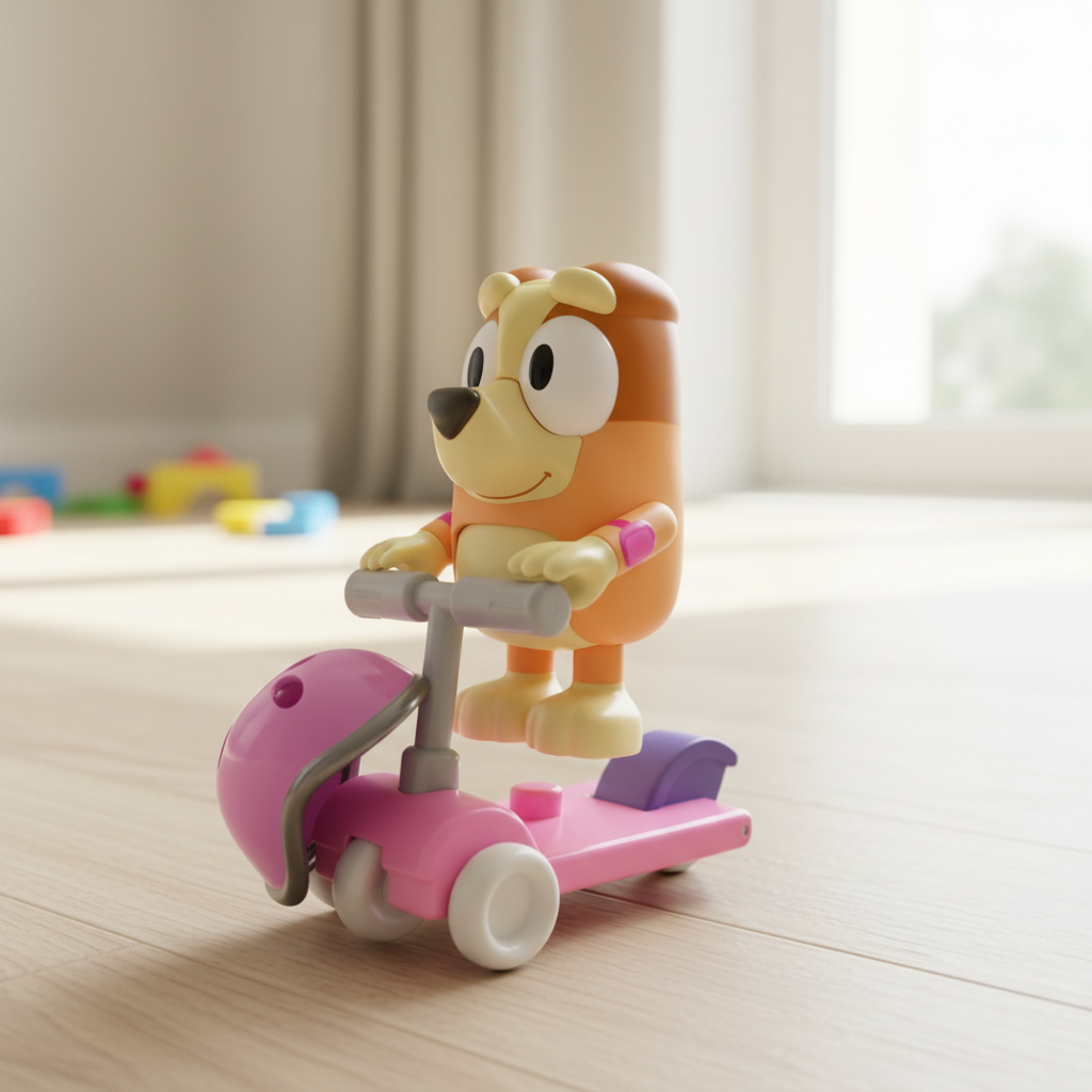 Bluey Bingo Chat Mates talking figure posed on the included pink scooter with helmet
