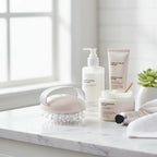 Lifestyle photo of daily body-care organization with handheld body massager tool on clean modern marble surface