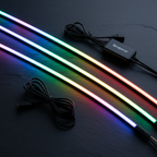 Alpena FLOGLO 4 flexible LED strip lights flat lay multicolor RGB glow Bluetooth controller hub wiring harness dark surface - More4less Outlet