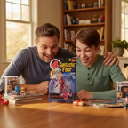 Parent and teenager receiving Marvel Legends High Evolutionary figure as a birthday gift with Marvel comics on the table — More4less Outlet