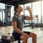 Athlete in athletic wear drinking water after gym session with white supplement bottle on workout towel