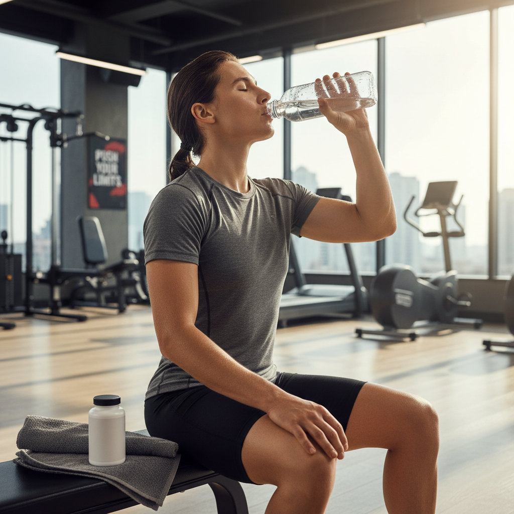 Athlete in athletic wear drinking water after gym session with white supplement bottle on workout towel
