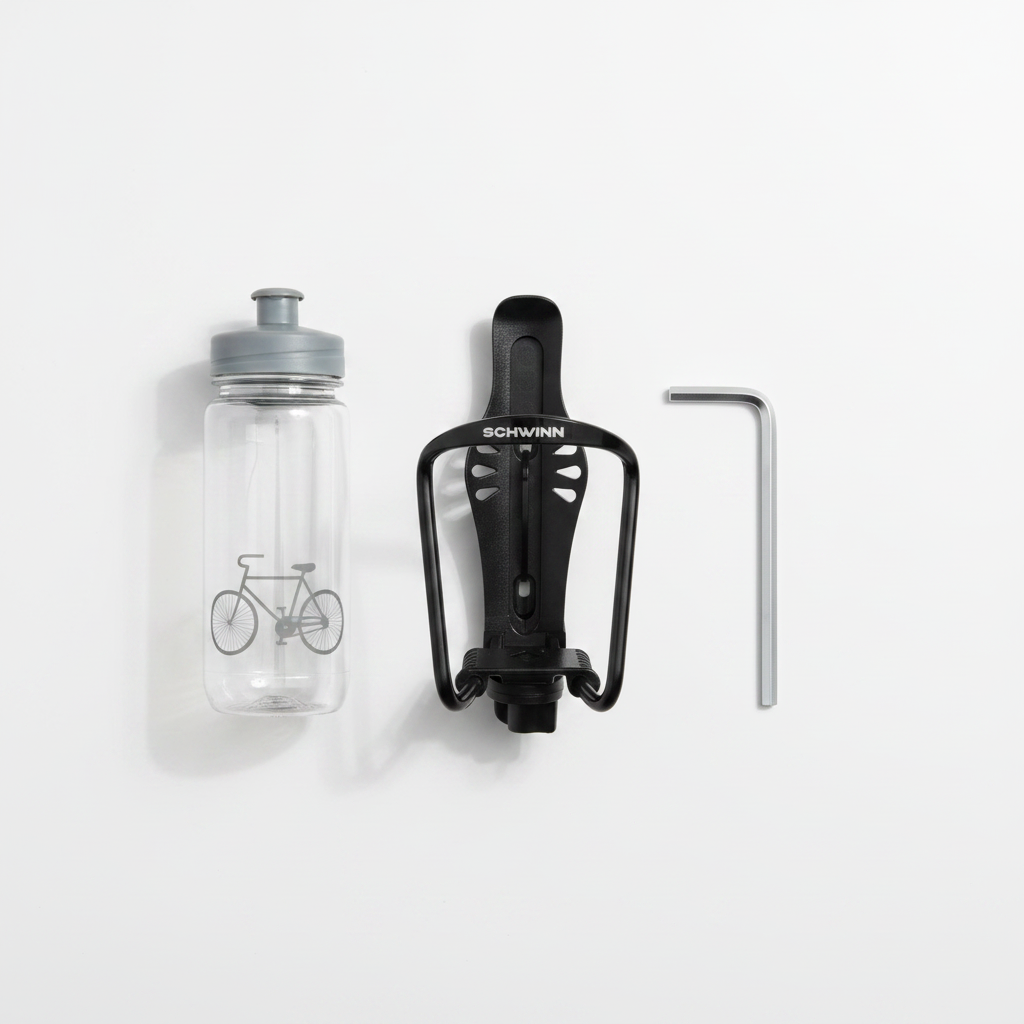 Schwinn black expandable bicycle bottle cage on white surface next to water bottle and 4mm Allen wrench flatlay – More4less Outlet