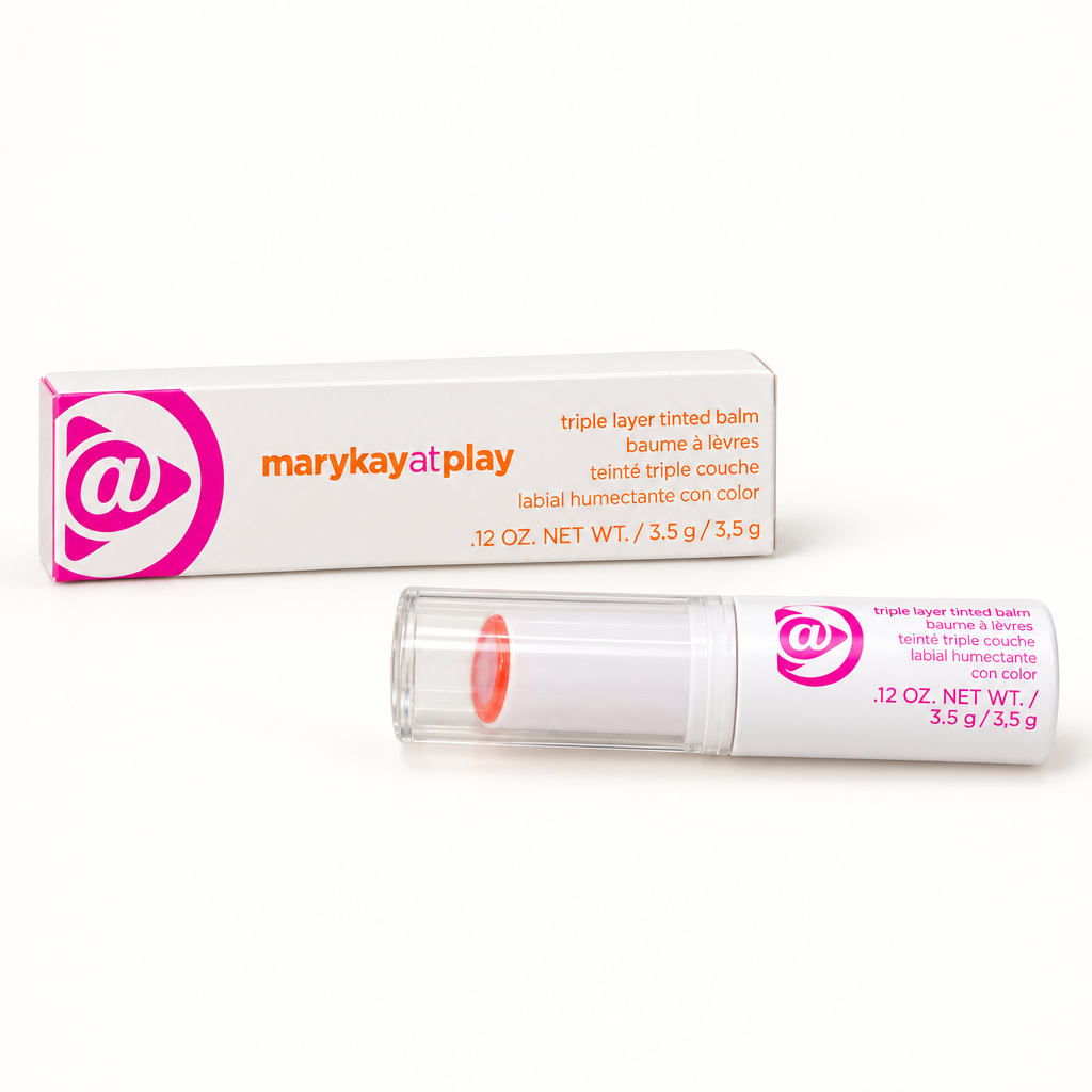 Mary Kay at Play Triple Layer Tinted Balm tube and box on a white studio background