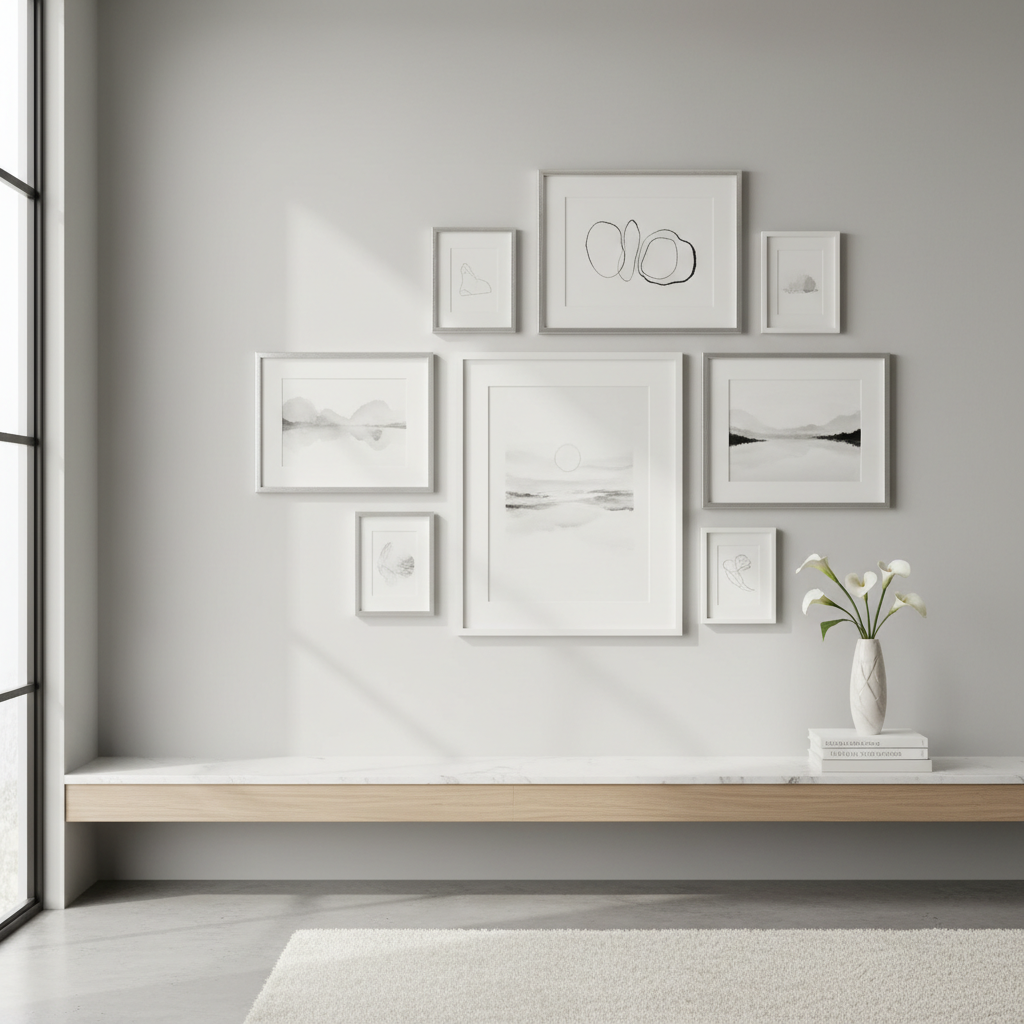 Styled gallery wall with silver-tone and white picture frames on a light grey wall