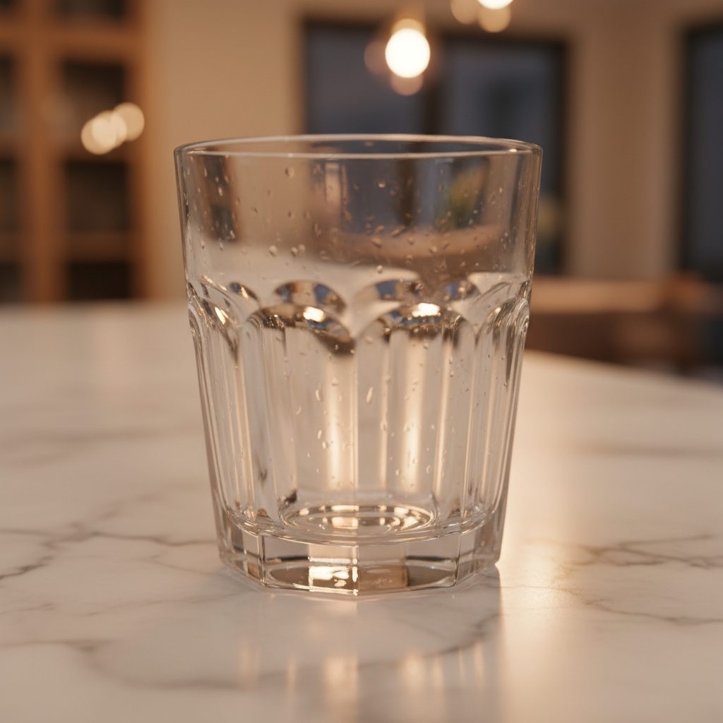 Close-up of clear German crystal glass with subtle optical texture reflecting warm ambient lighting on a marble countertop