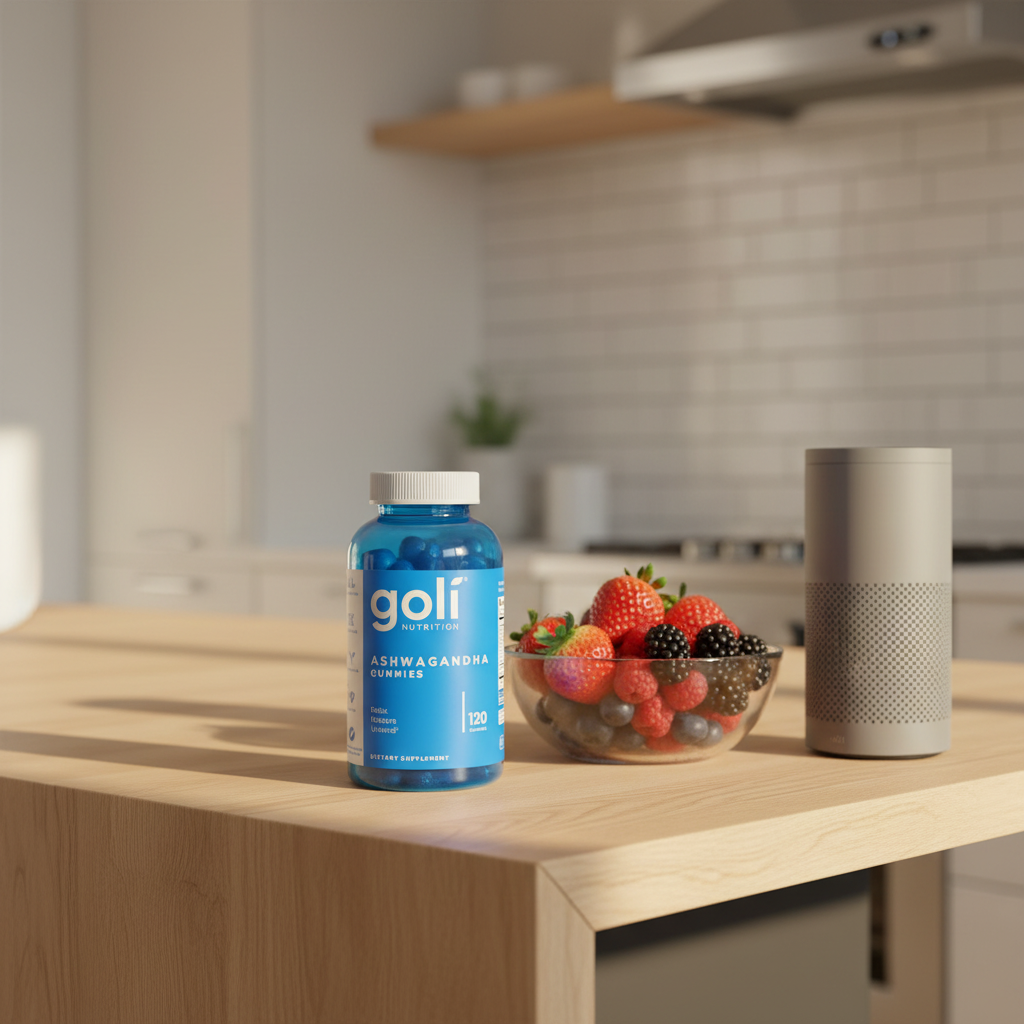 Goli Nutrition Ashwagandha Gummies bottle on light-oak kitchen breakfast island with fresh bowl of mixed berries and contemporary smart speaker