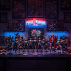 Multiple Power Rangers Lightning Collection Zeo Cog figures army-built and displayed on a collector desk with cinematic blue and red lighting — More4less Outlet