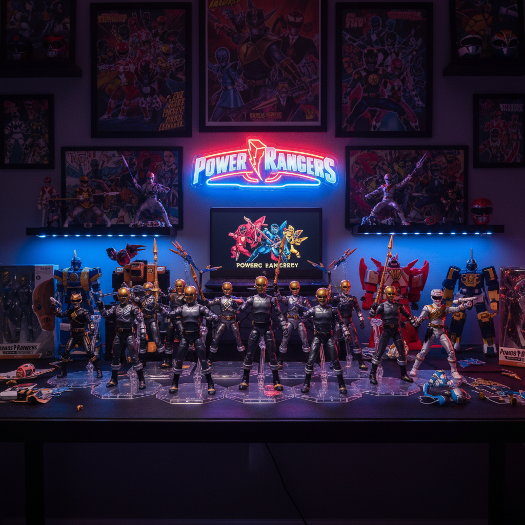 Multiple Power Rangers Lightning Collection Zeo Cog figures army-built and displayed on a collector desk with cinematic blue and red lighting — More4less Outlet
