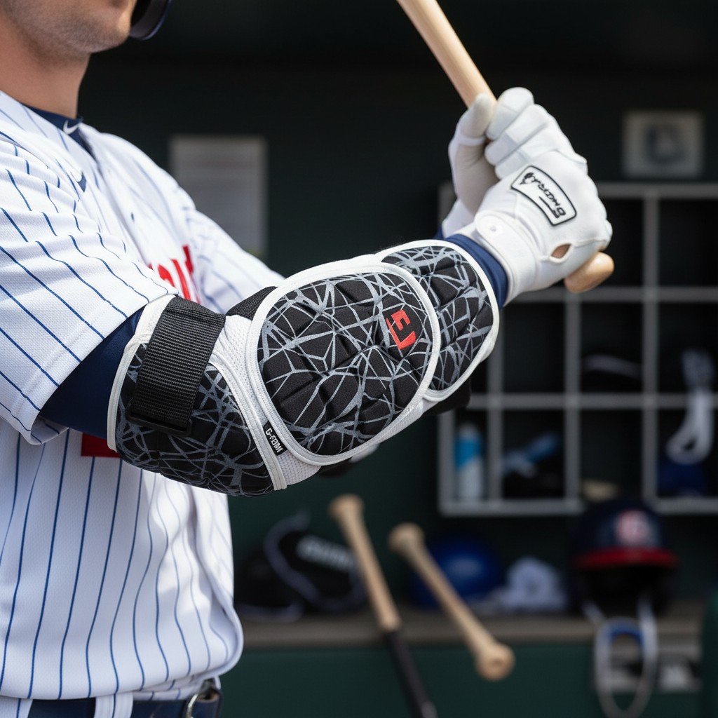 AI-generated contextual close view of a G-Form Elite 2 baseball batter's elbow guard worn during batting