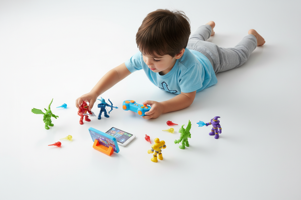 Overhead view of child playing imaginatively with small colorful action figures on clean surface