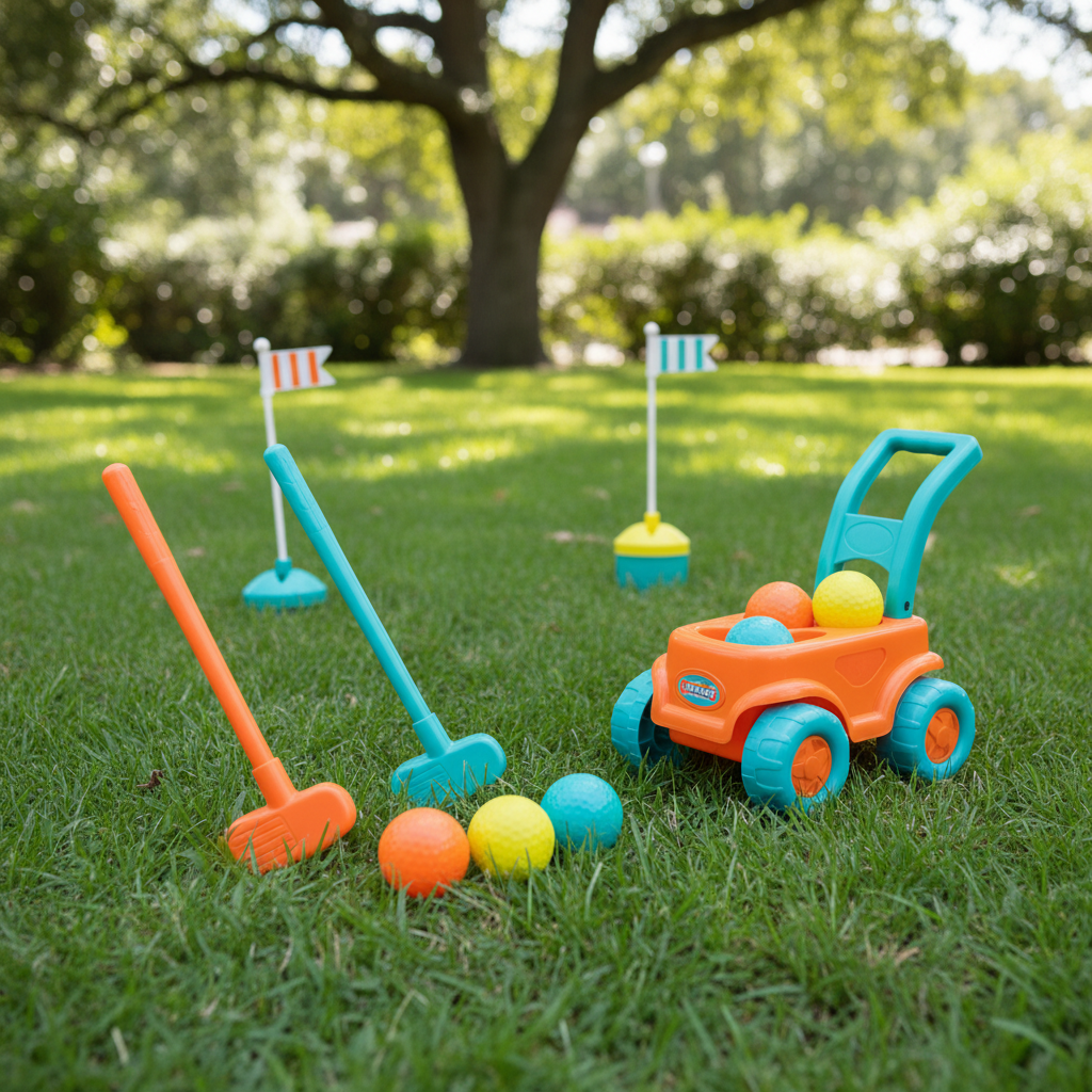 Colorful kids toy golf set on green grass in sunny backyard — B. Toys Hole-in-Fun outdoor play — More4less Outlet